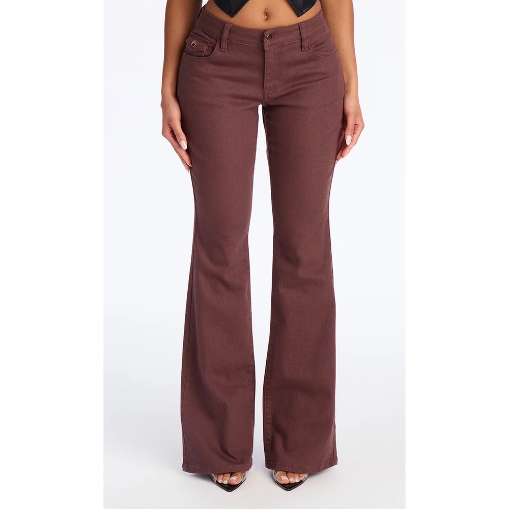 Fashion Nova Women Brown Flare Jeans Low Rise Flap Pocket Stretch Denim Pants